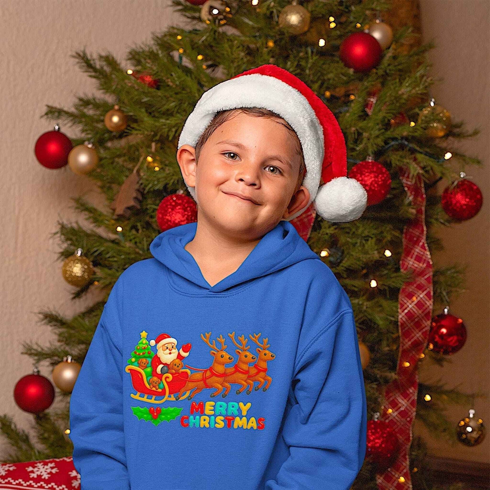 Boy wearing vintage royal Christmas hoodie with Santa sleigh and reindeer design, festive holiday outfit with Santa hat.