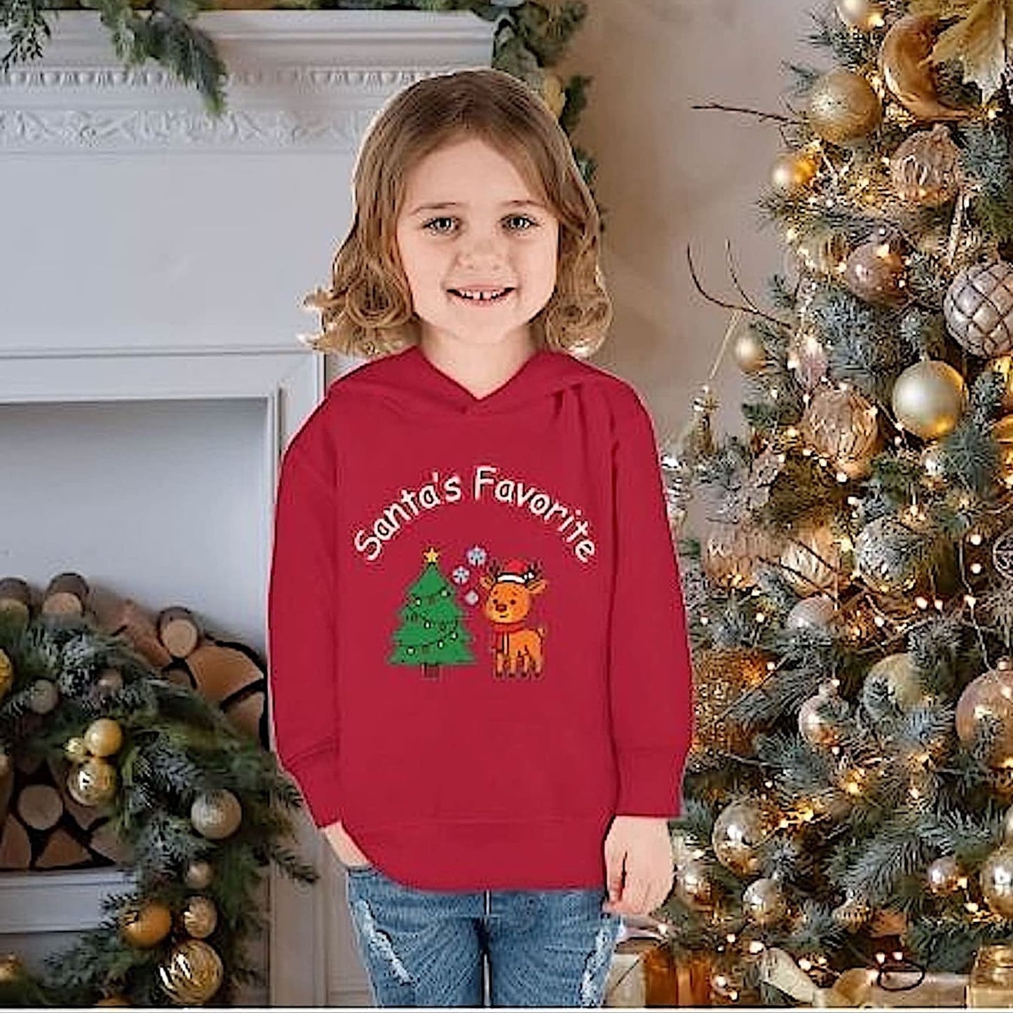 Smiling girl wearing a red Santa's Favorite Christmas hoodie with reindeer design standing by a decorated Christmas tree with gold ornaments and presents.