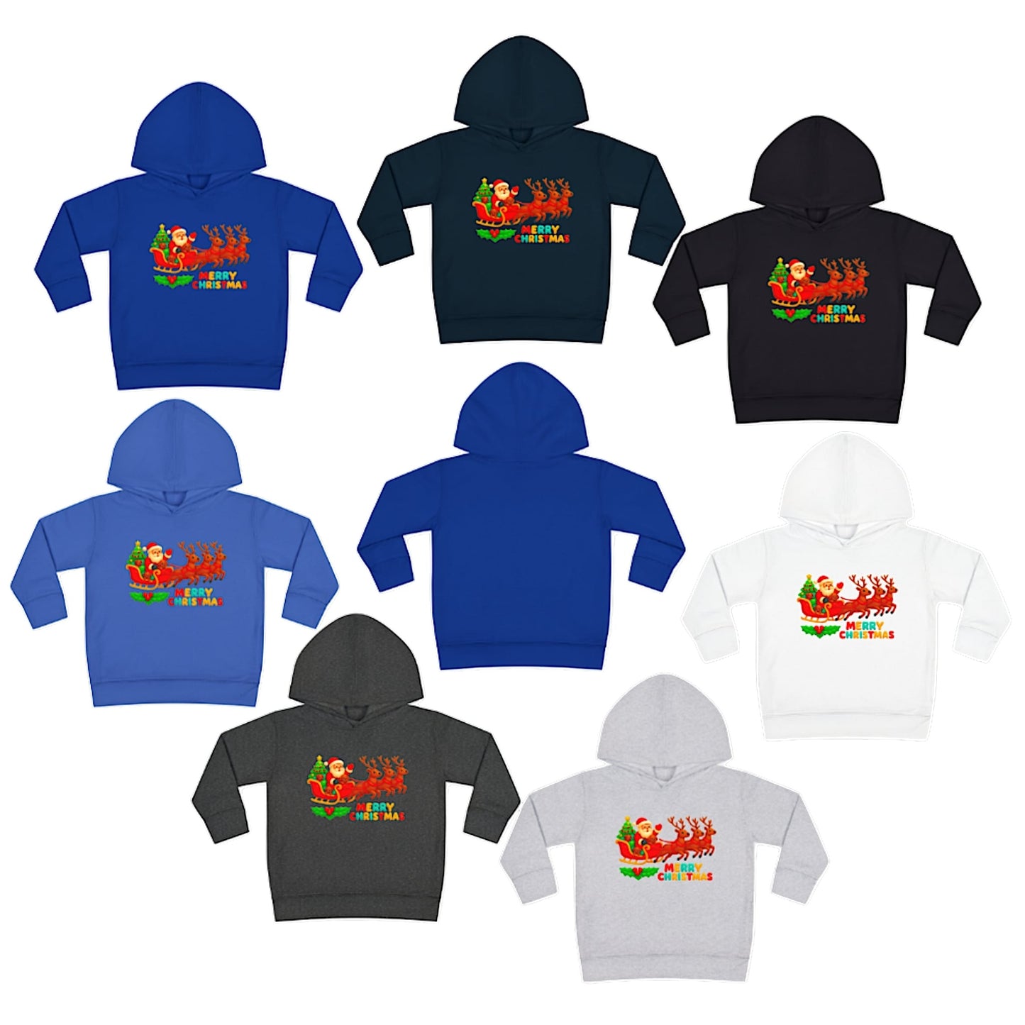 Colorful kids Christmas hoodies featuring Santa Claus with reindeer and Merry Christmas design, available in multiple colors.