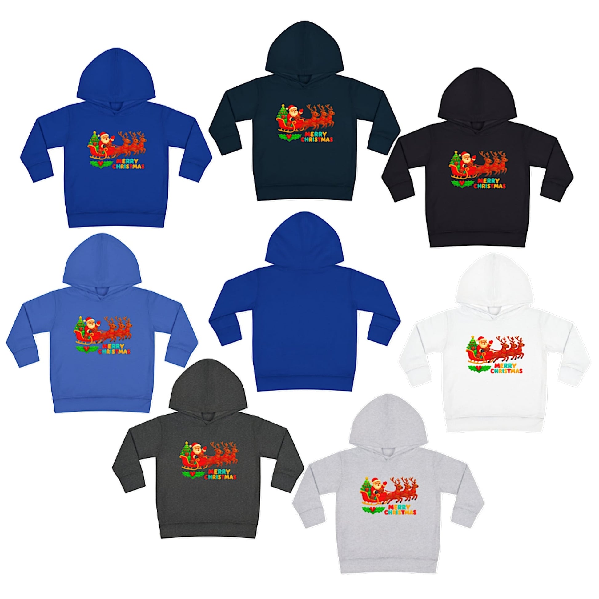 Colorful kids Christmas hoodies featuring Santa Claus with reindeer and Merry Christmas design, available in multiple colors.