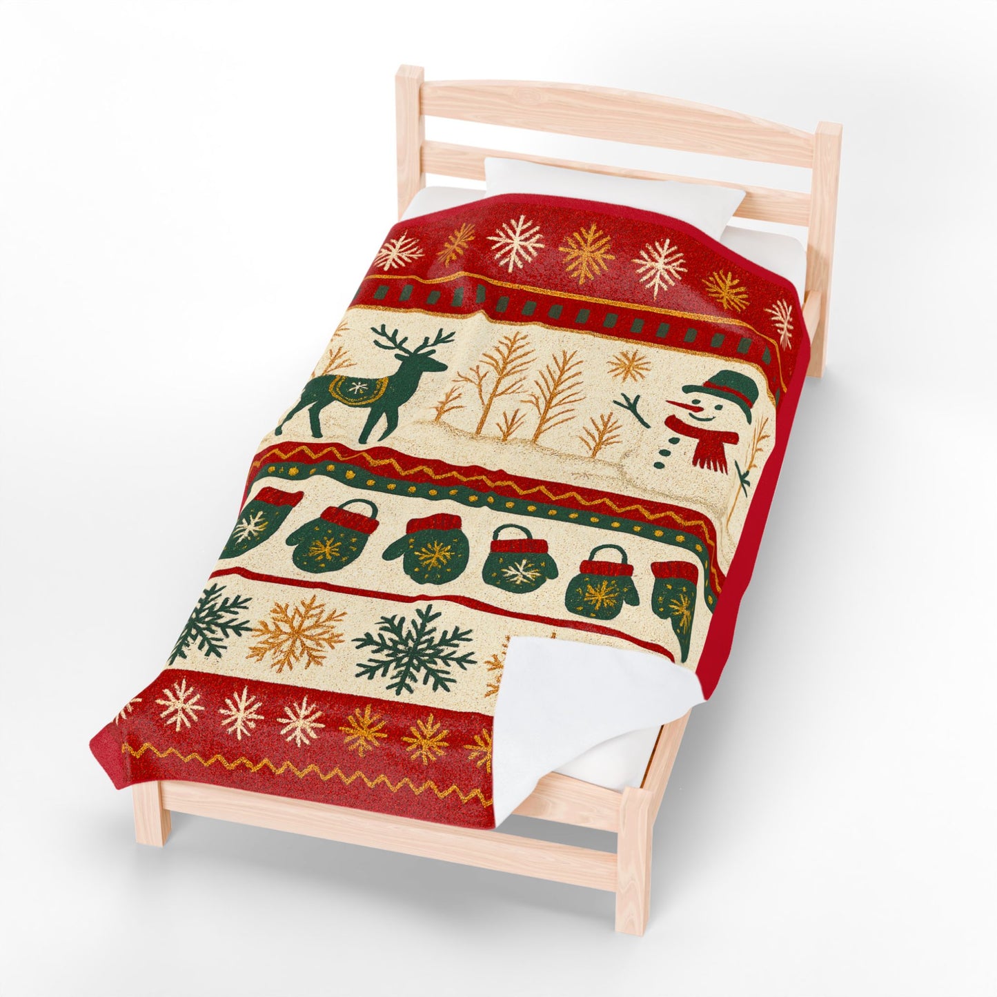 Large Christmas bed blanket with snowman, reindeer and mitten patterns in red, green and gold — plush holiday throw for cozy bedrooms.