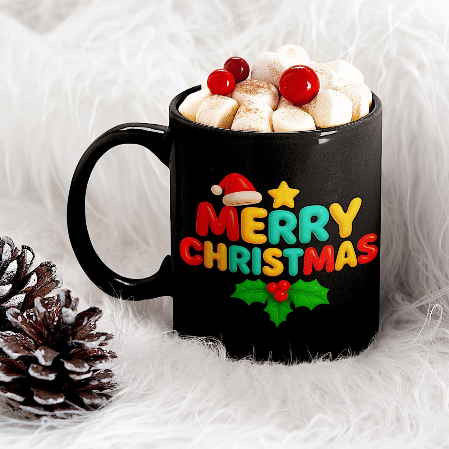 Black Christmas mug with colorful “Merry Christmas” design, filled with marshmallows and cherries, with pinecones on white fur.