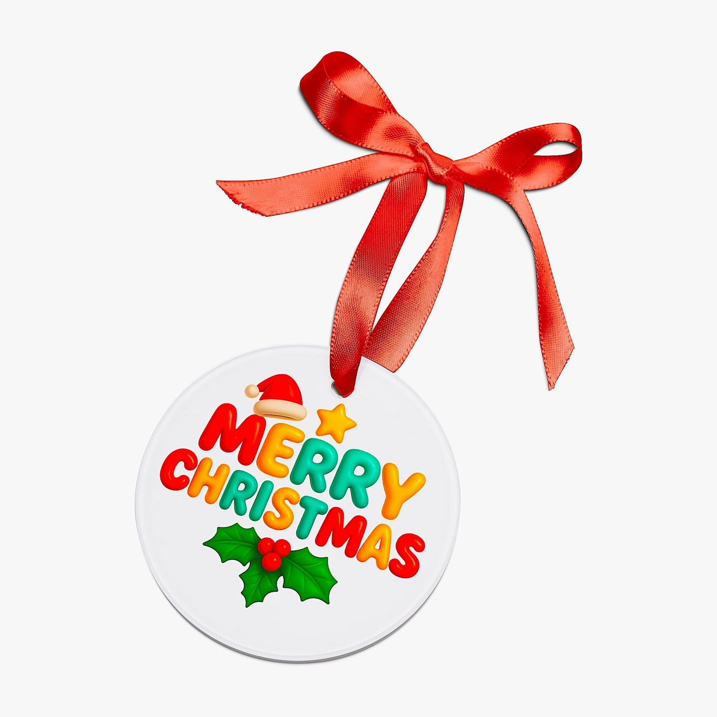 Round “Merry Christmas” ornament with red bow and festive holly design on white background.
