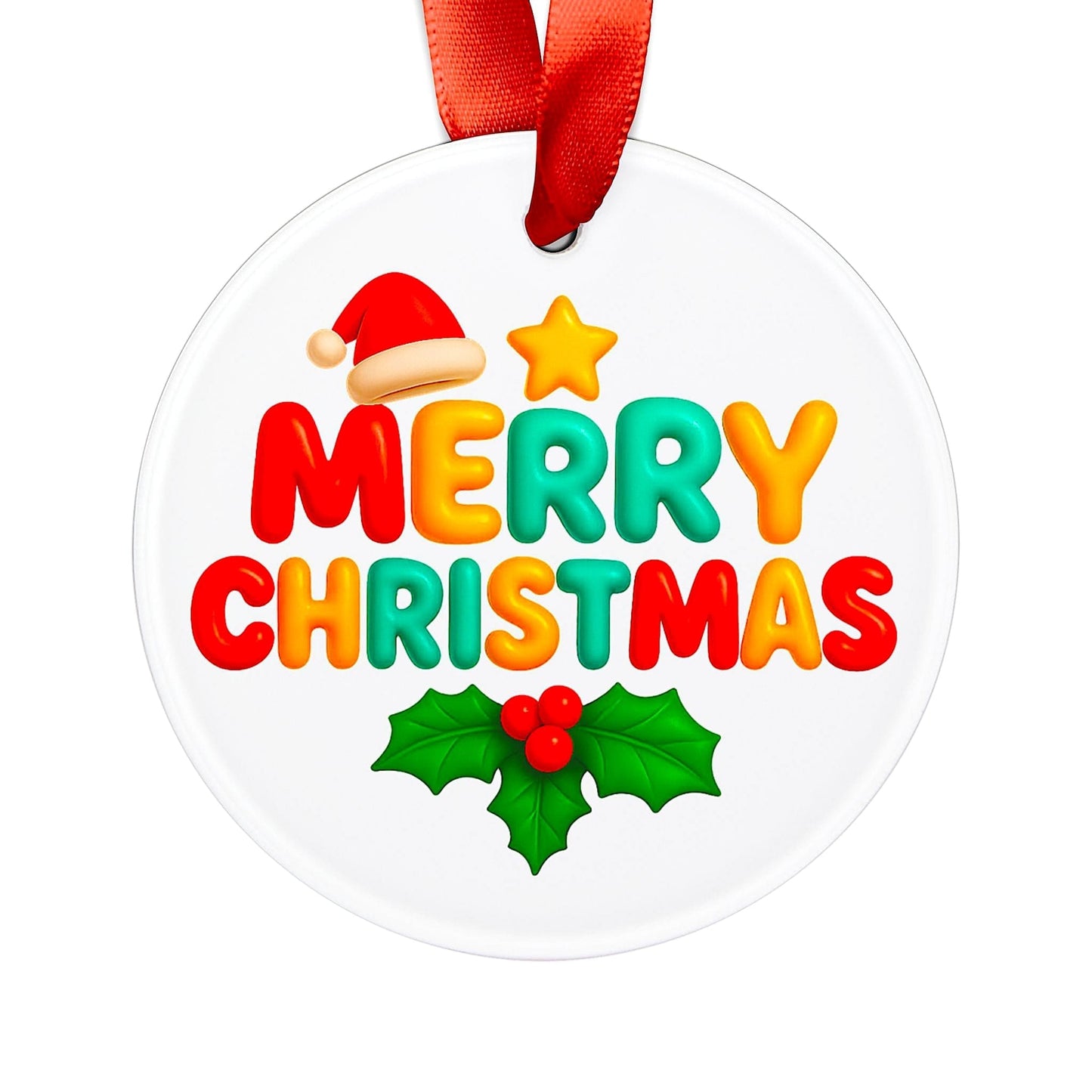White round ceramic ornament with red ribbon and colorful Merry Christmas text featuring holly leaves and Santa hat.