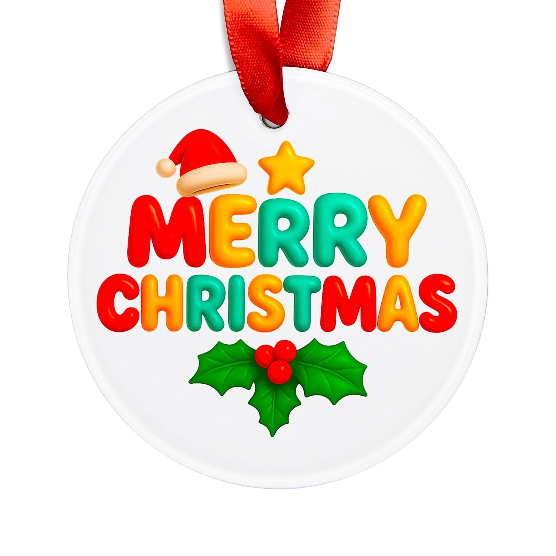 Round ceramic ornament with colorful “Merry Christmas” text, red ribbon, and holly design.