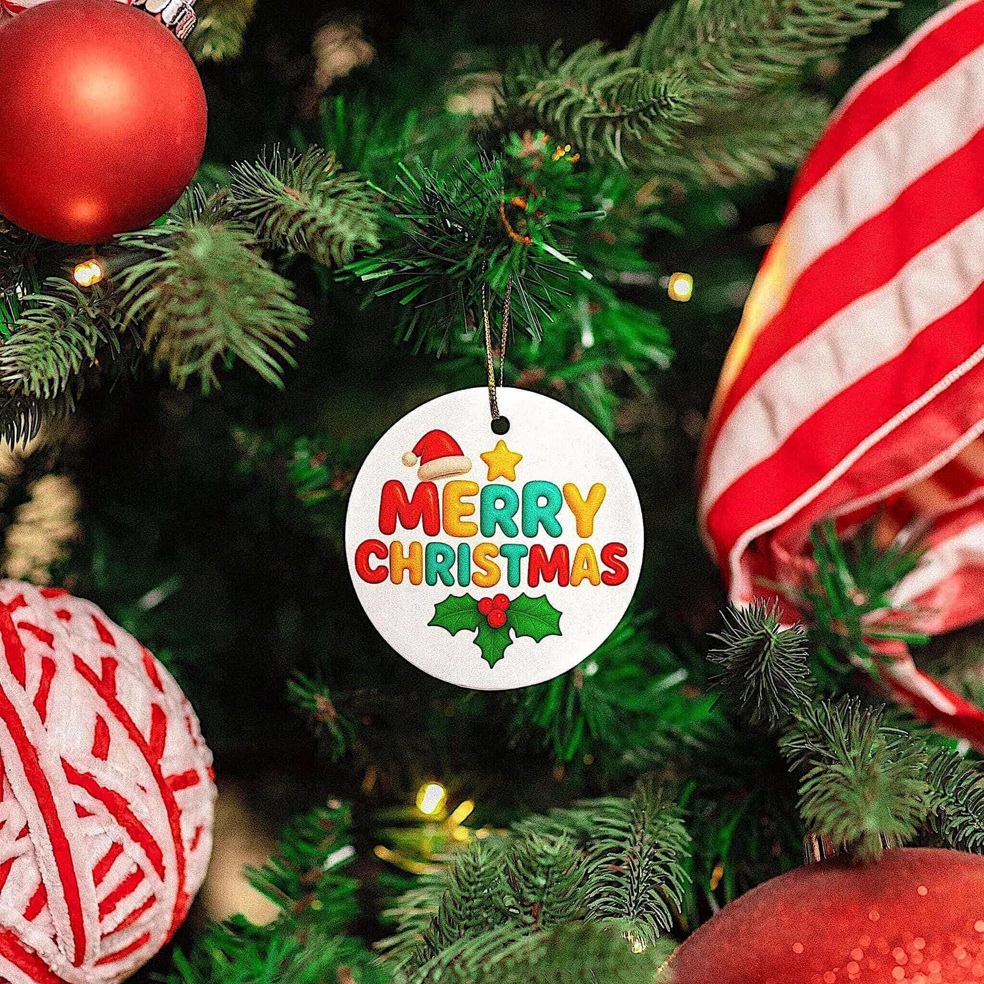 Colorful “Merry Christmas” round ornament hanging on a decorated Christmas tree.