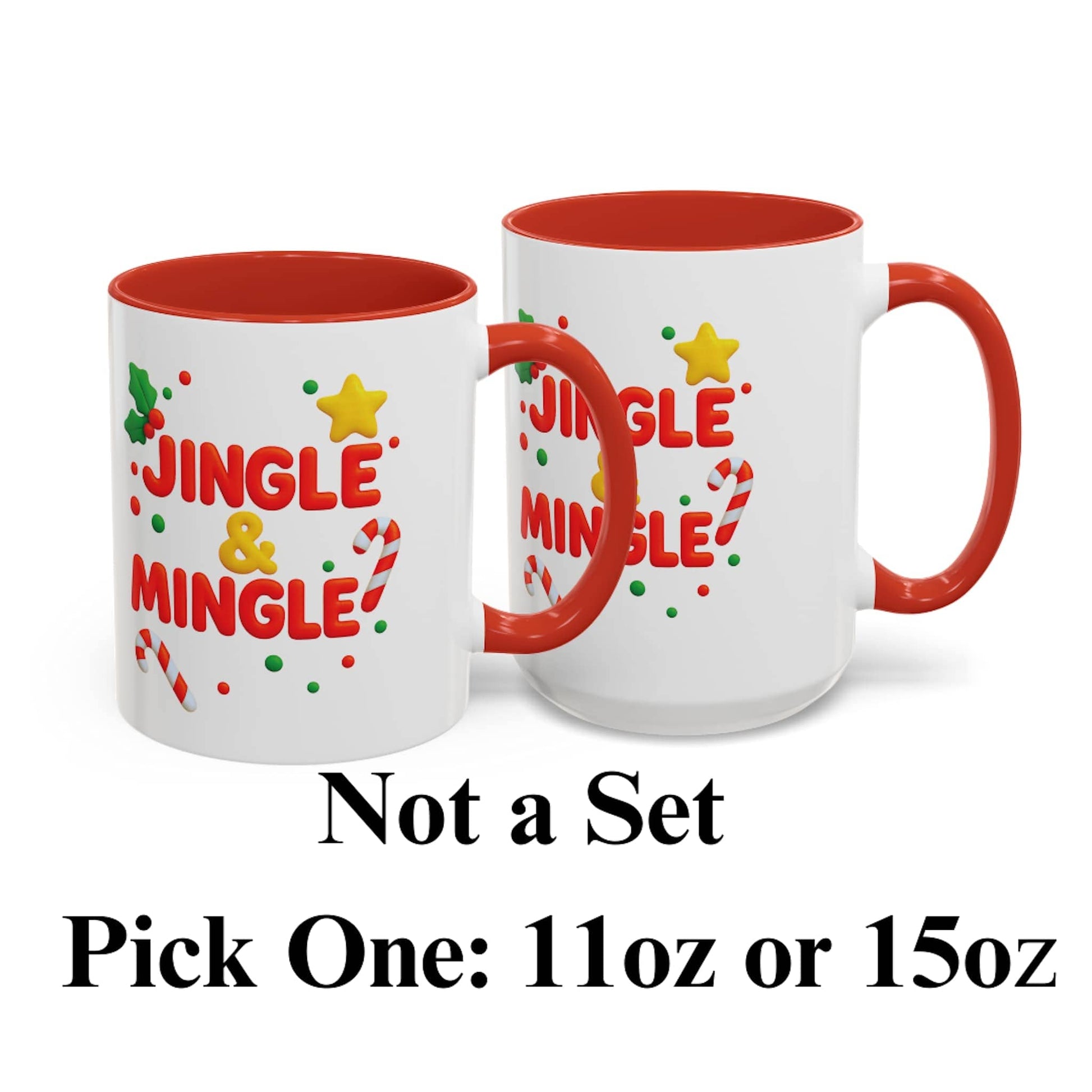 Red Christmas mug with Jingle & Mingle design, candy canes and stars, available in 11oz or 15oz size.