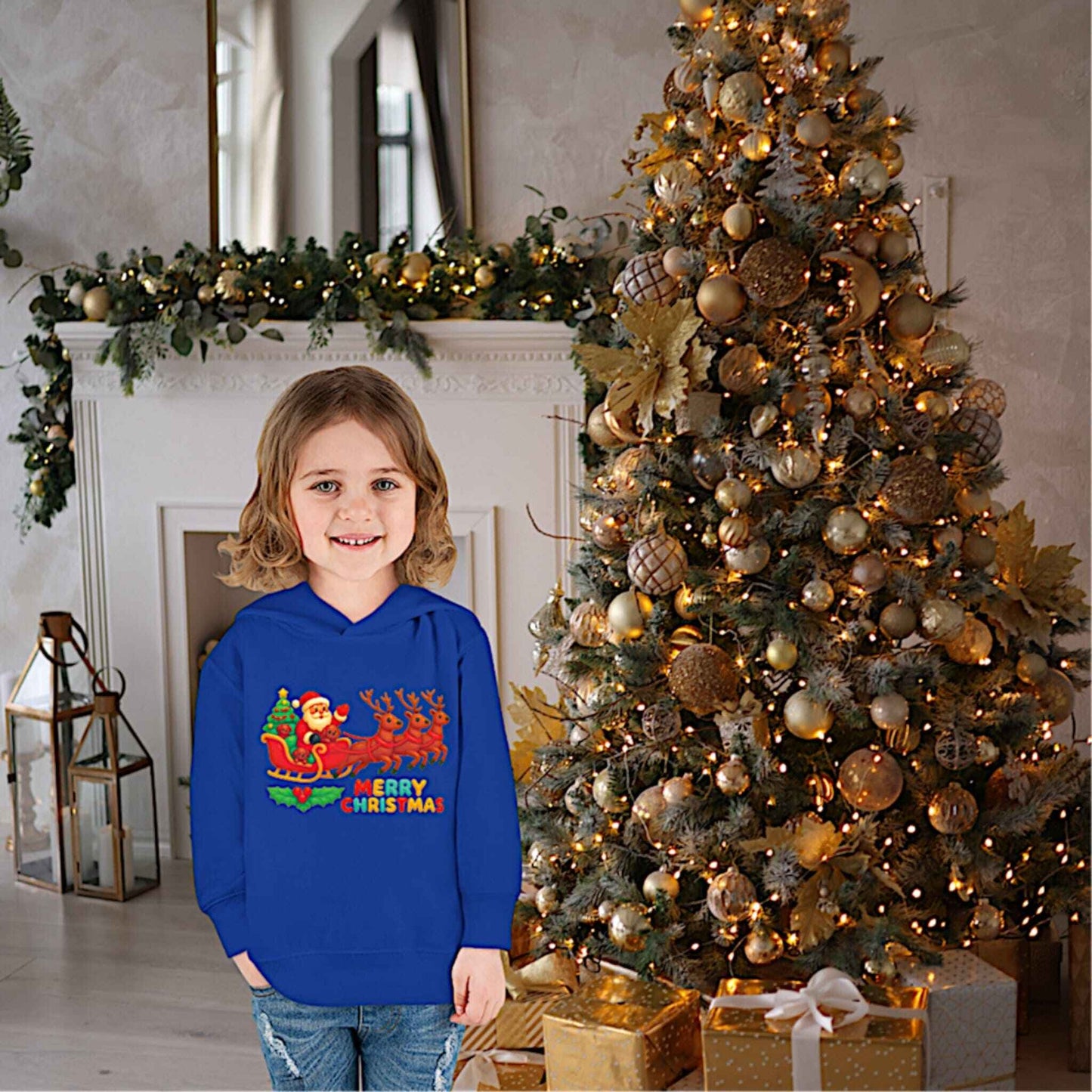 Kid in royal blue Christmas hoodie with Santa and reindeer design standing by decorated Christmas tree and gifts.