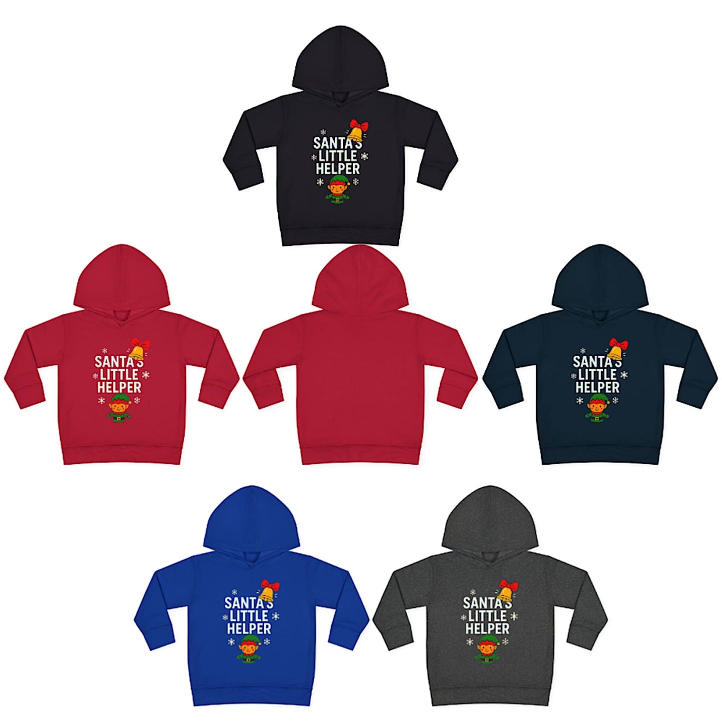 Kids Christmas hoodie with Santa's little helper elf design, festive holiday sweatshirt in multiple colors.