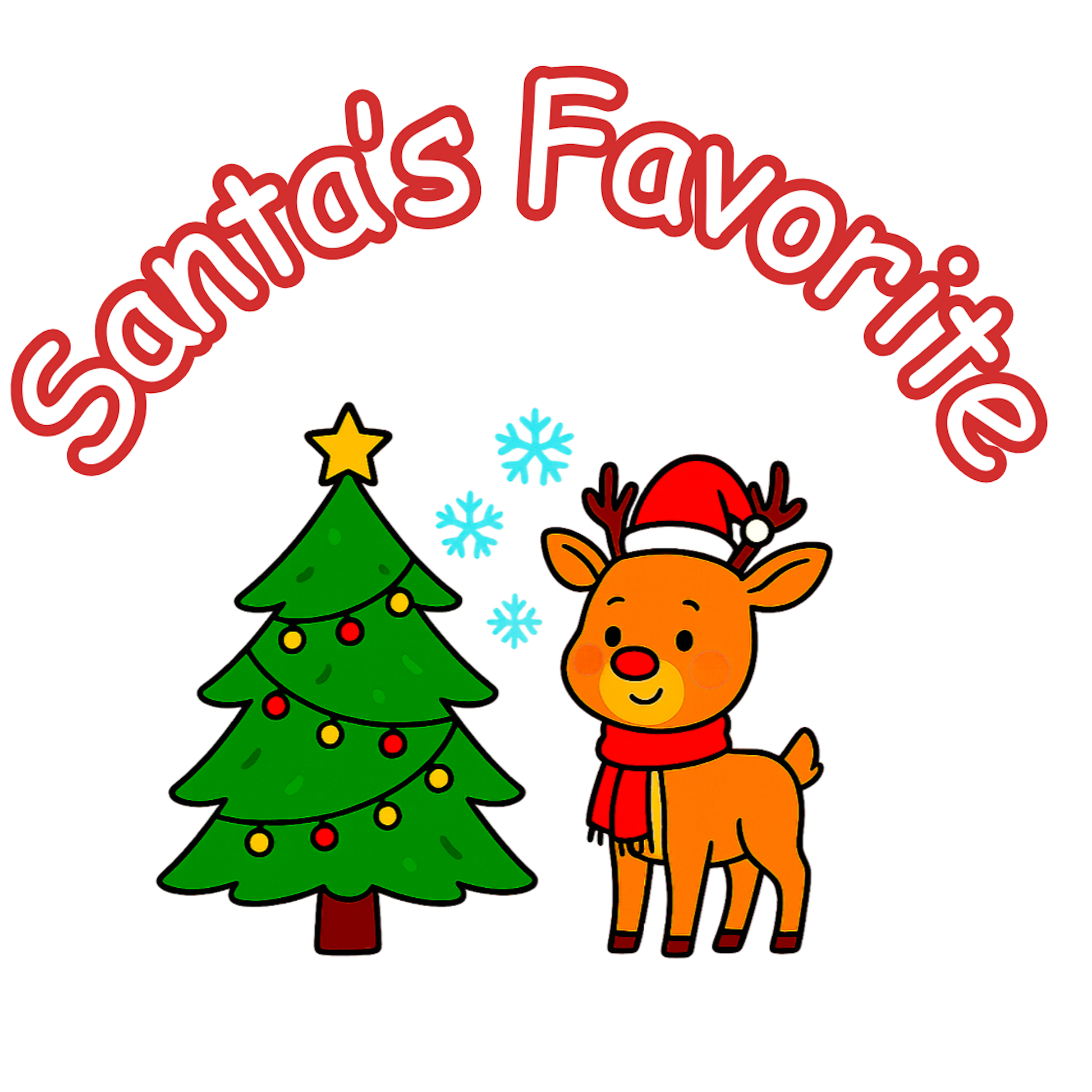 Cute Christmas baby design with reindeer, decorated tree, snowflakes, and arched text Santa's Favorite