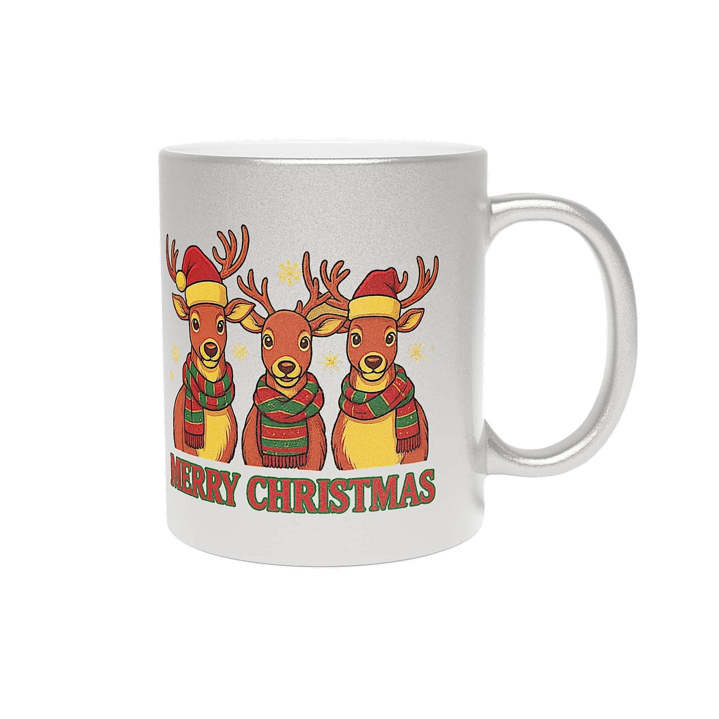 Silver mug with three festive reindeer wearing Santa hats and scarves, with 'Merry Christmas' text on white background.