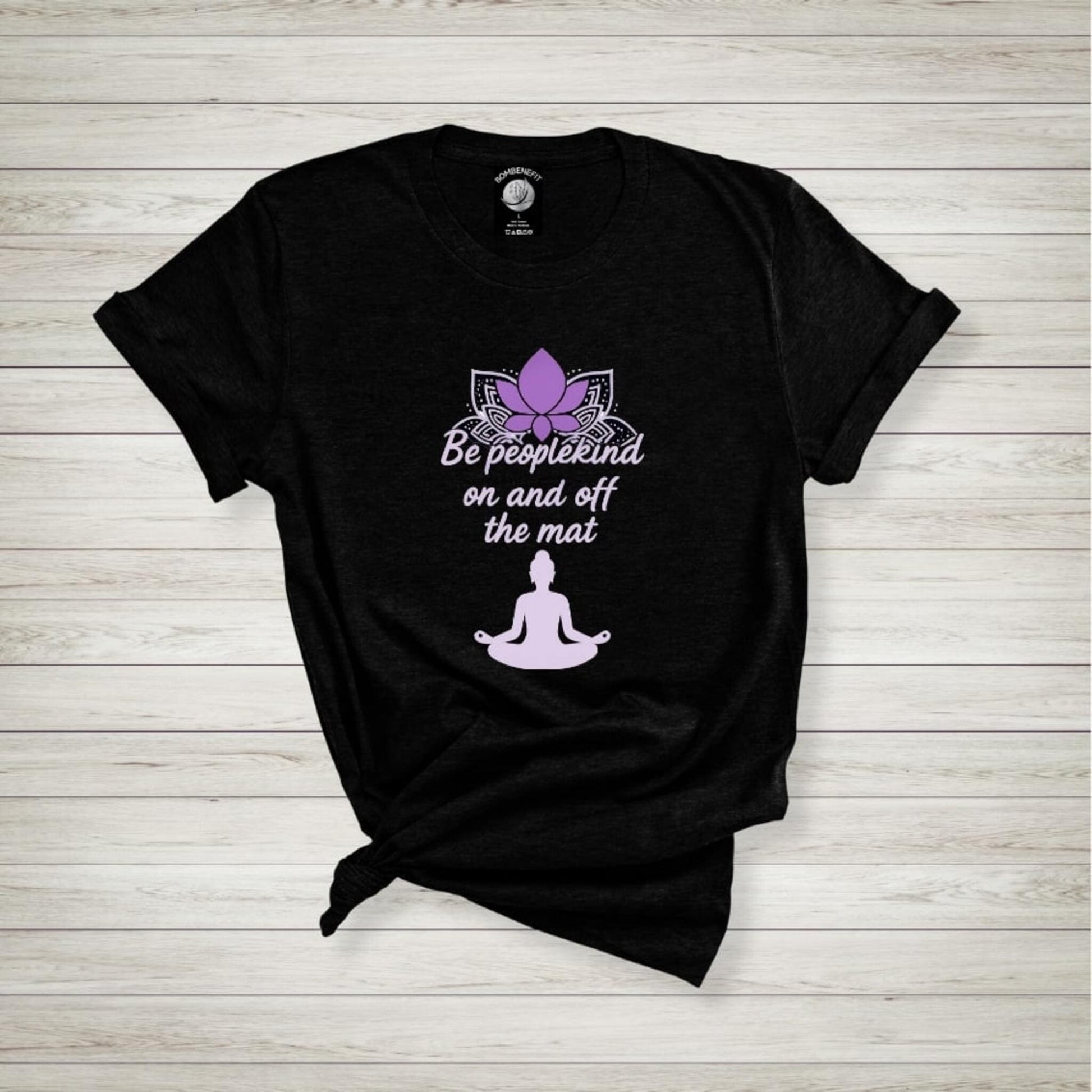 Solid Black Blend Bella Canvas 3001 yoga t-shirt with purple lotus and quote Be peoplekind on and off the mat