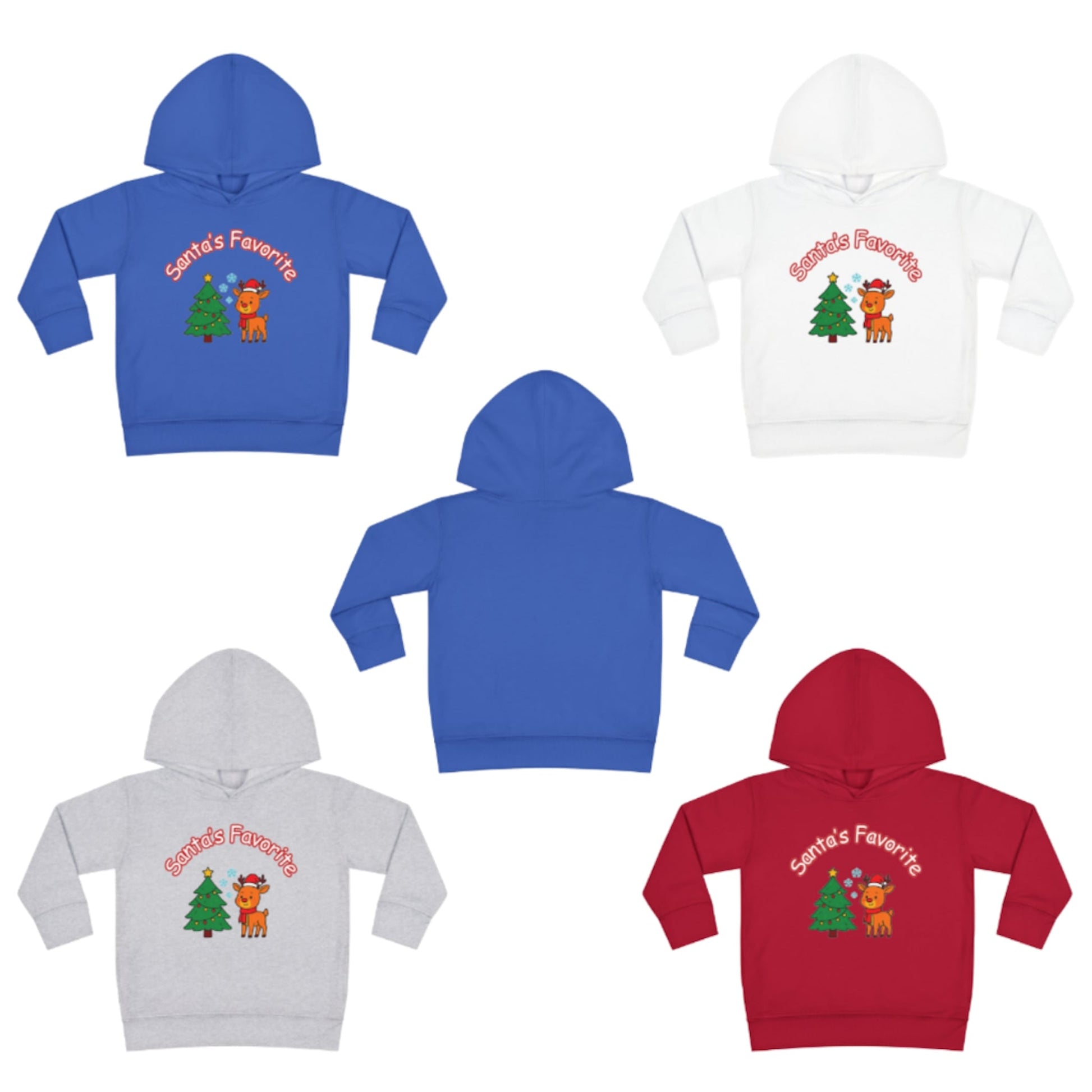 Toddler Christmas hoodie featuring "Santa's Favorite" design with reindeer and Christmas tree in red, gray, blue, and white colors