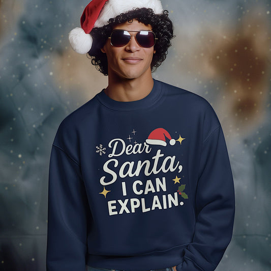Man wearing a navy Christmas sweatshirt with “Dear Santa, I Can Explain” text, Santa hat, sunglasses, and festive design.