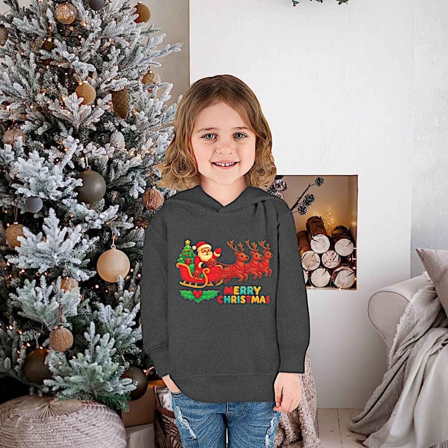 Smiling child wearing a vintage smoke Christmas hoodie with Santa sleigh and reindeer design, standing by a frosted decorated tree.