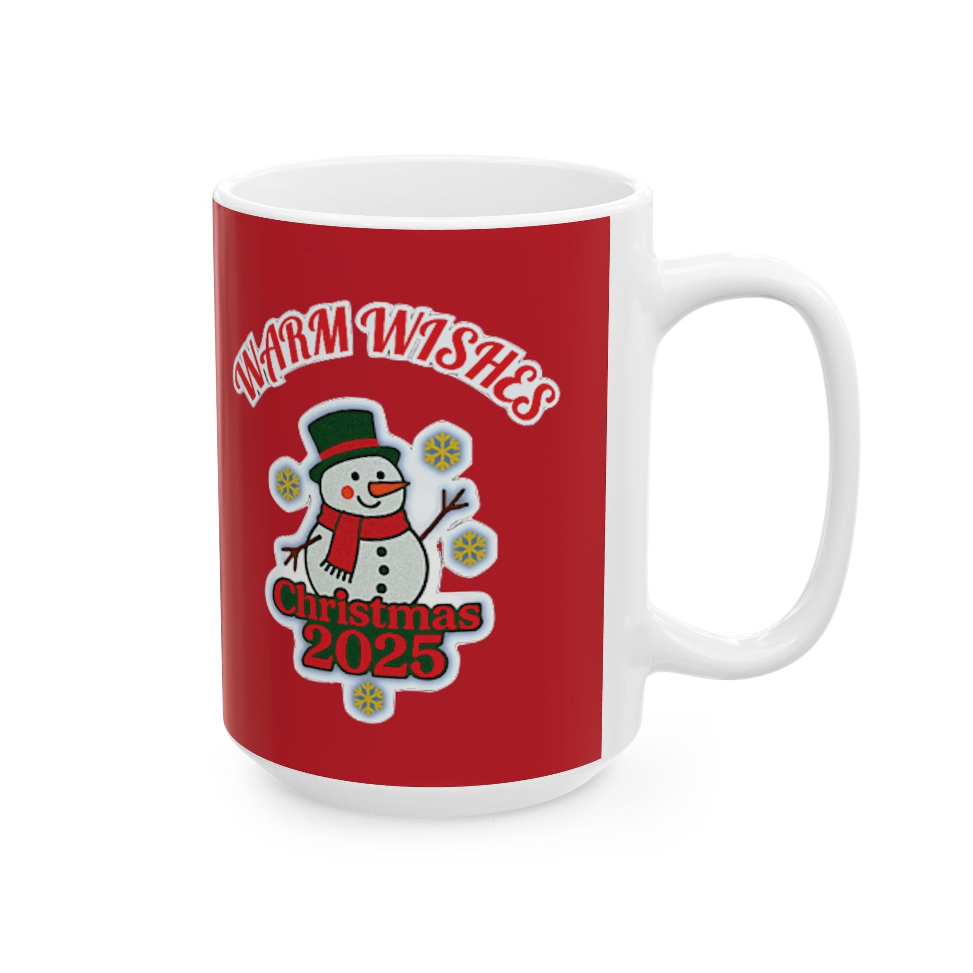White ceramic mug with red background featuring a cheerful snowman, snowflakes, and the text "Warm Wishes Christmas 2025"  festive holiday gift idea.