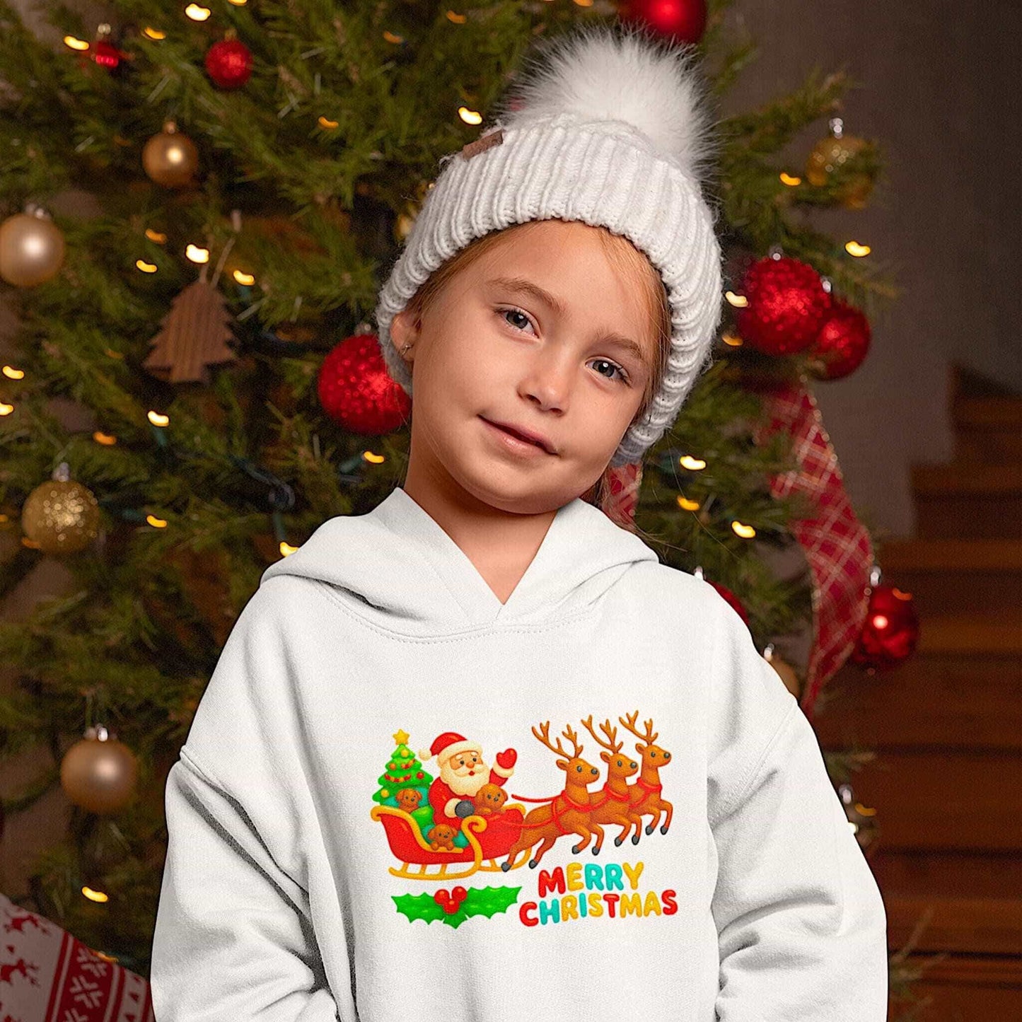 Child wearing a white Christmas hoodie with Santa sleigh and reindeer design, standing by decorated tree with ornaments and lights.