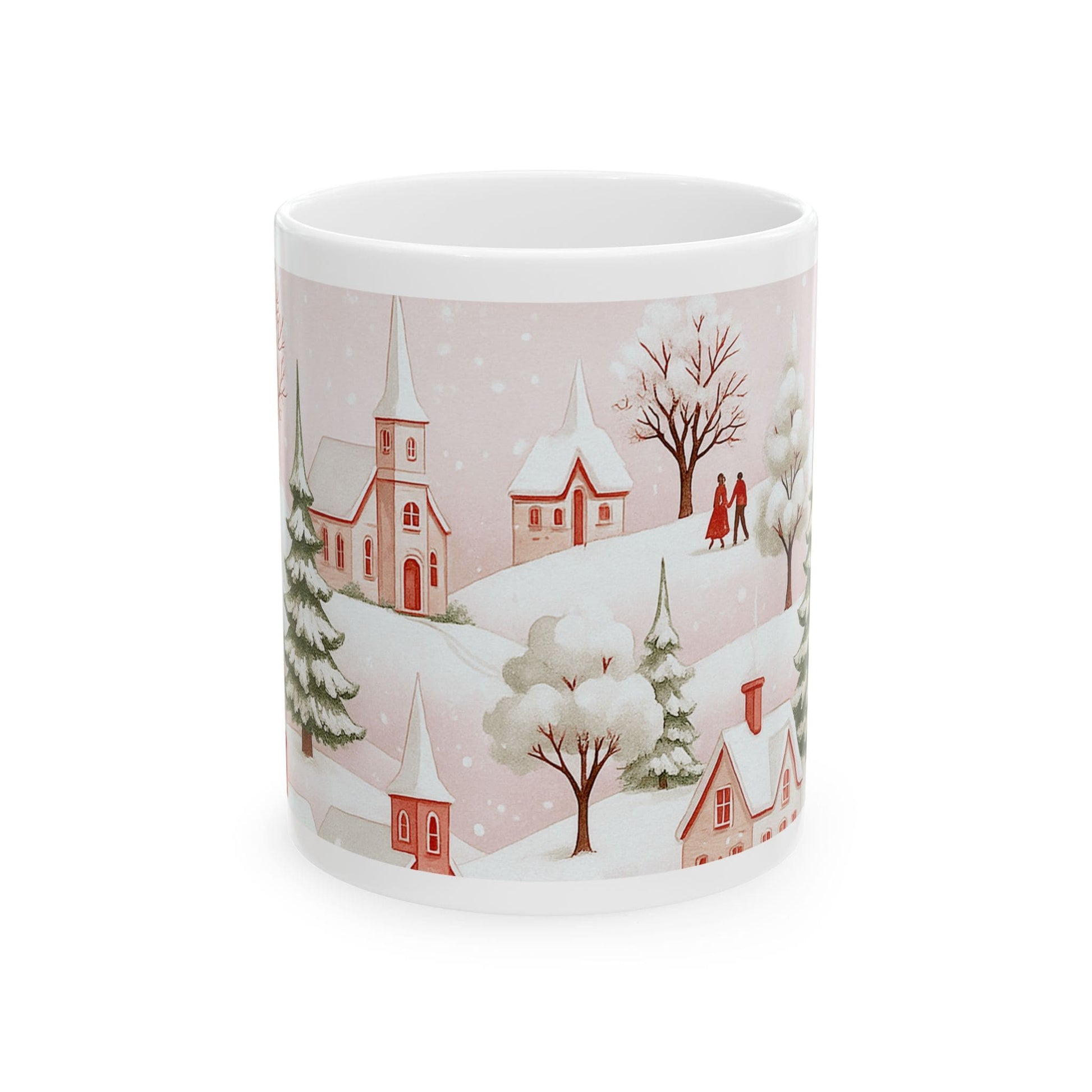 Winter mug design with pink snowy village, churches, trees, and a couple walking in a serene holiday landscape
