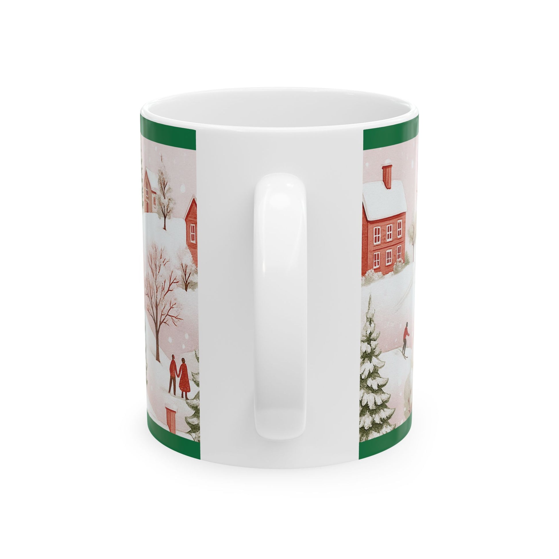 11oz ceramic mug featuring a festive winter village scene with red houses, snowy trees, and people enjoying a snowy day, perfect for Christmas or holiday gifts